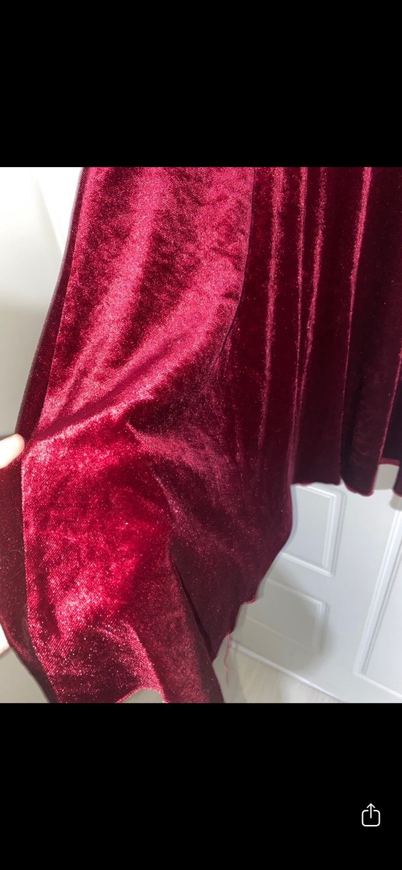 Bordo Midi Kadife Elbise, Kısa Kollu, V Yaka - Görsel 2