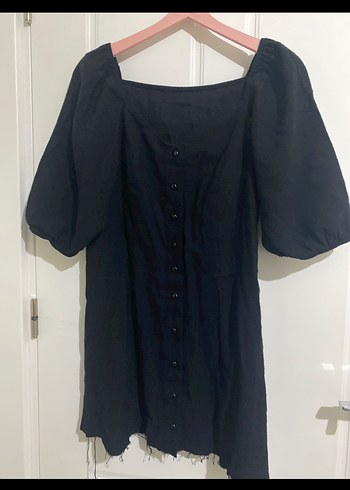 Düğmeli Siyah Midi Keten Elbise - Görsel 2