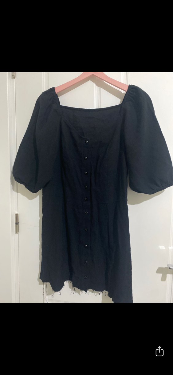 Düğmeli Siyah Midi Keten Elbise - Görsel 2