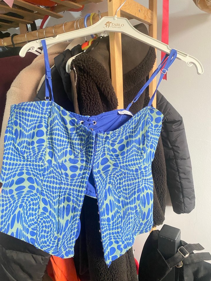 Mavi Bağlama Desenli Strappy korse Büstiyer - Görsel 2