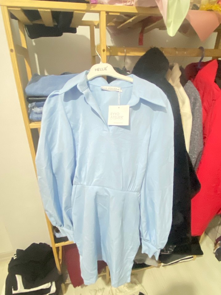 Mavi Pastel Mini Gömlek Düğmeli Yaka elbise - Görsel 2