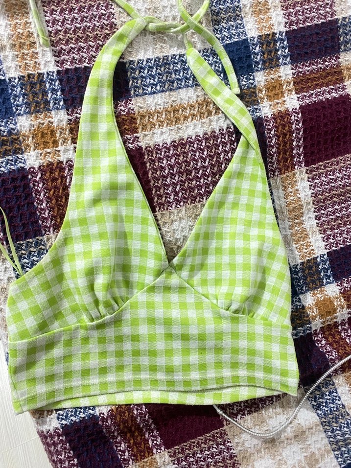 Yeşil Kareli Dantelli İp Askılı Büstiyer - Görsel 2