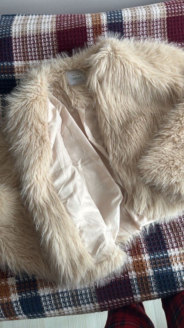 Bej Bohem Kadın Suni Kürk Ceket - Görsel 2