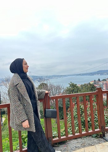 Vakko Gri Etnik Desenli Midi Kadın Yün Kaban