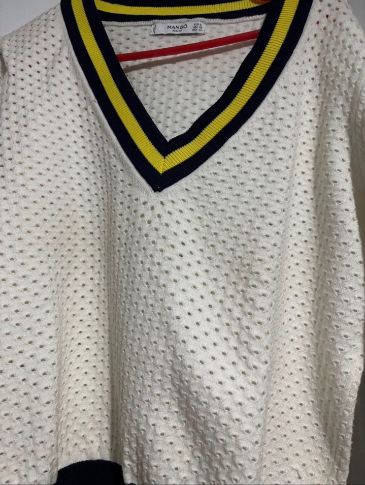 V Yaka Uzun Kollu Örgü Beyaz Kazak - Görsel 2