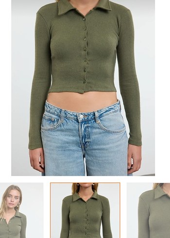 Düğmeli Haki Kadın Denim Triko