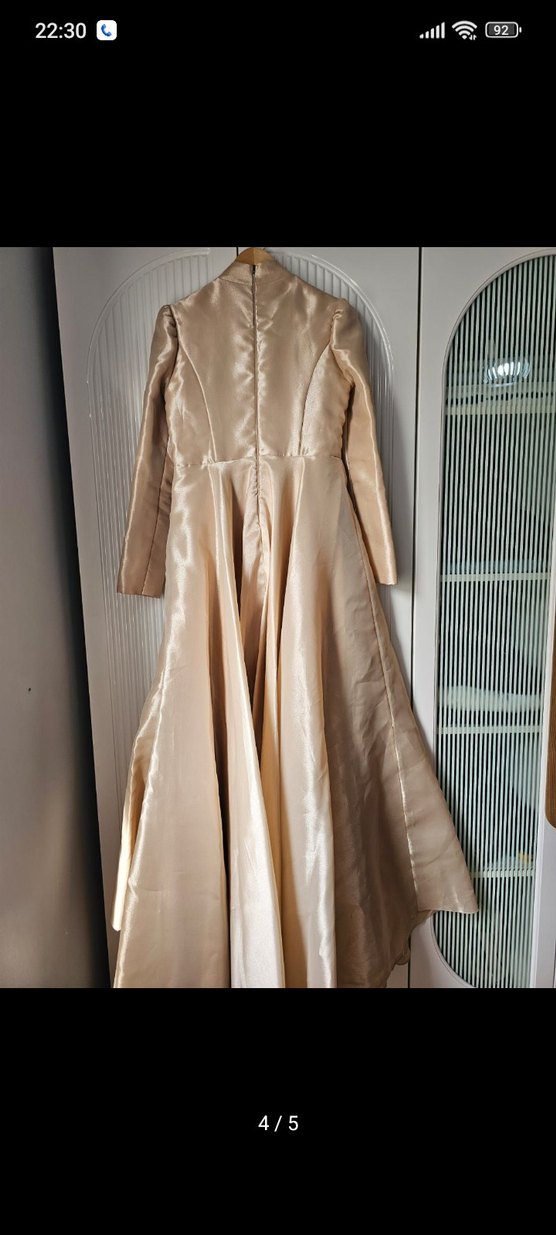 Bej Uzun Kollu Drapeli Kadın Abiye - Görsel 4