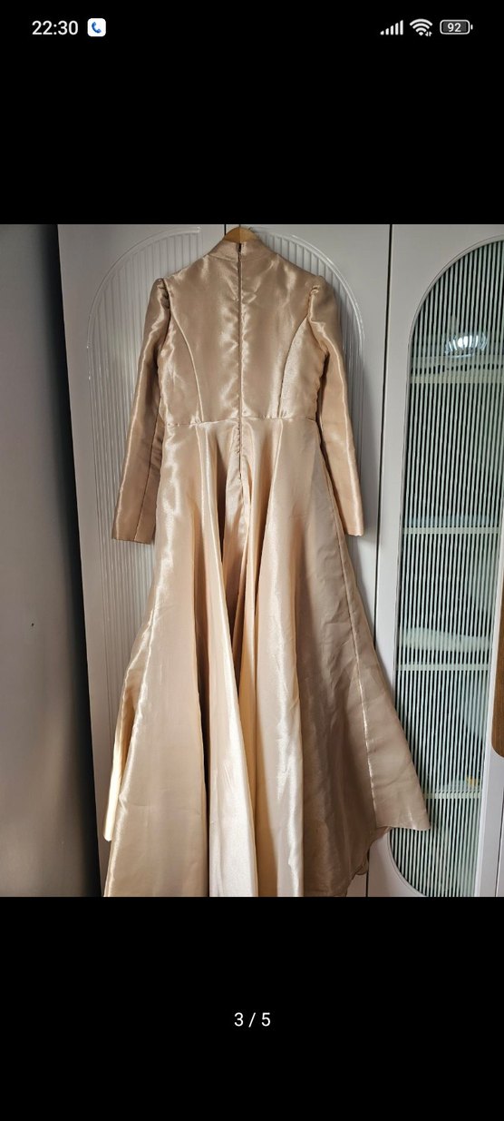 Bej Uzun Kollu Drapeli Kadın Abiye - Görsel 3