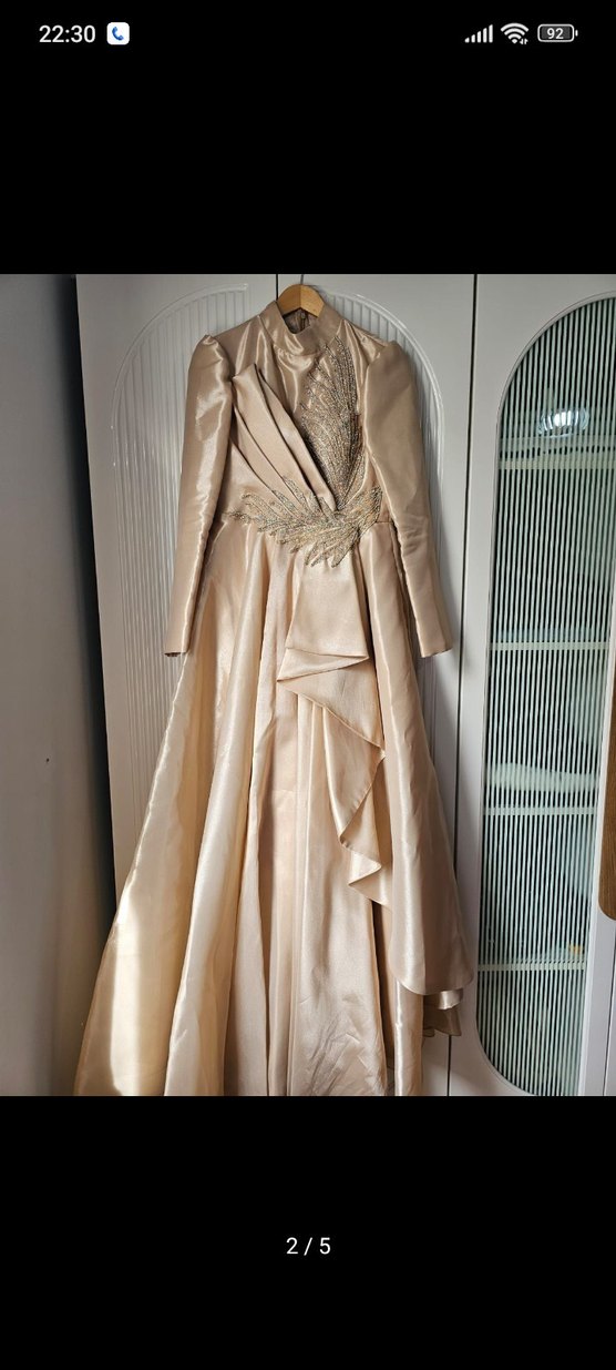 Bej Uzun Kollu Drapeli Kadın Abiye - Görsel 2