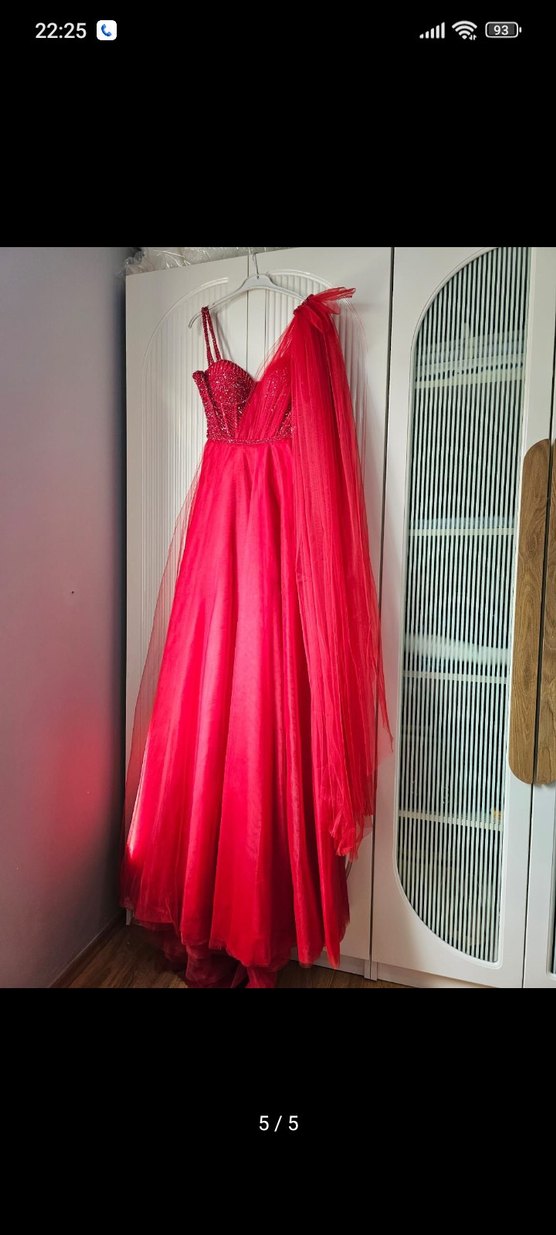 Kırmızı Uzun Drapeli Kadın Abiye - Görsel 5