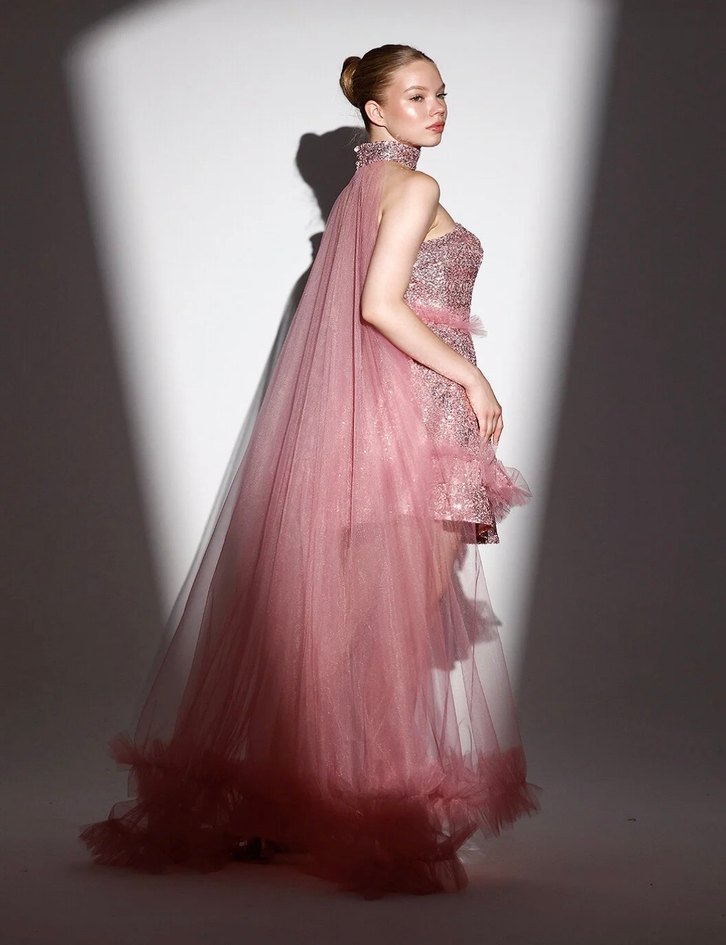 Parlak Pembe Mini Straplez Abiye Elbise after parti - Görsel 2