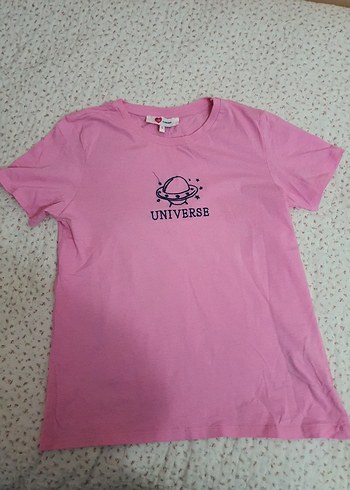 Pembe Baskılı Pamuk Tişört Kadın