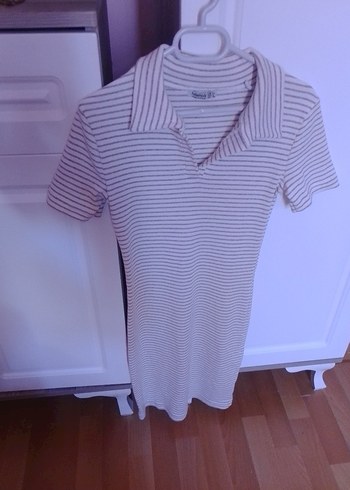 Bej Çizgili Kısa Kollu Midi Elbise - Görsel 4