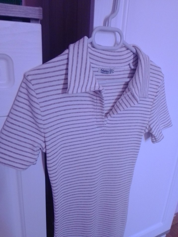 Bej Çizgili Kısa Kollu Midi Elbise - Görsel 3