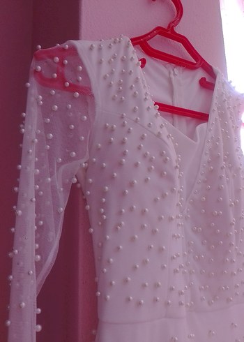 Beyaz Drapeli Uzun Abiye Elbise - Görsel 2