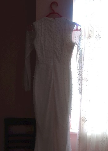 Beyaz Drapeli Uzun Abiye Elbise - Görsel 5