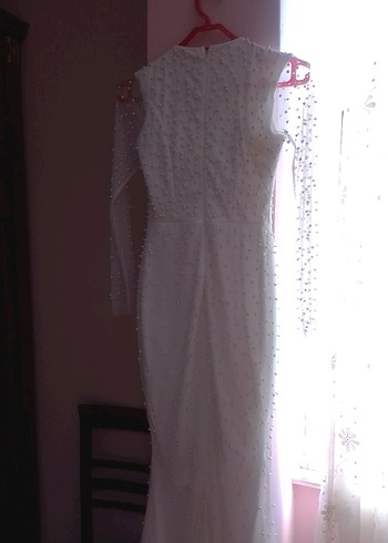 Beyaz Drapeli Uzun Abiye Elbise - Görsel 6