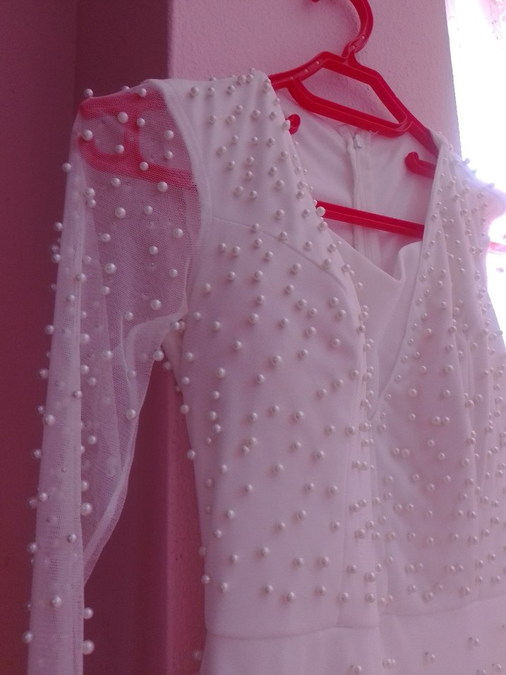 Beyaz Drapeli Uzun Abiye Elbise - Görsel 2