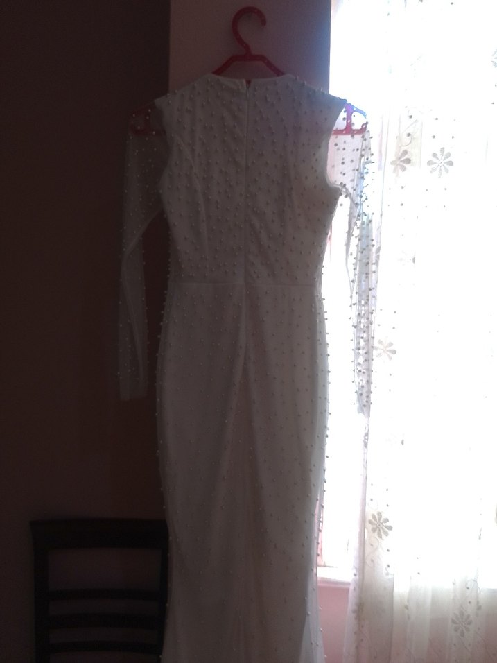 Beyaz Drapeli Uzun Abiye Elbise - Görsel 5