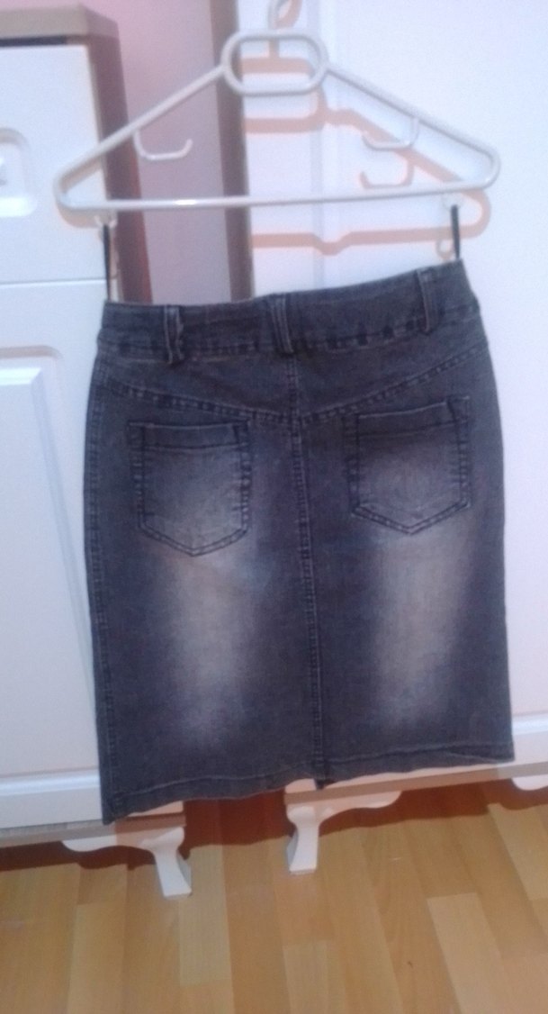 Düğmeli Gri Midi Kot Etek - Görsel 4