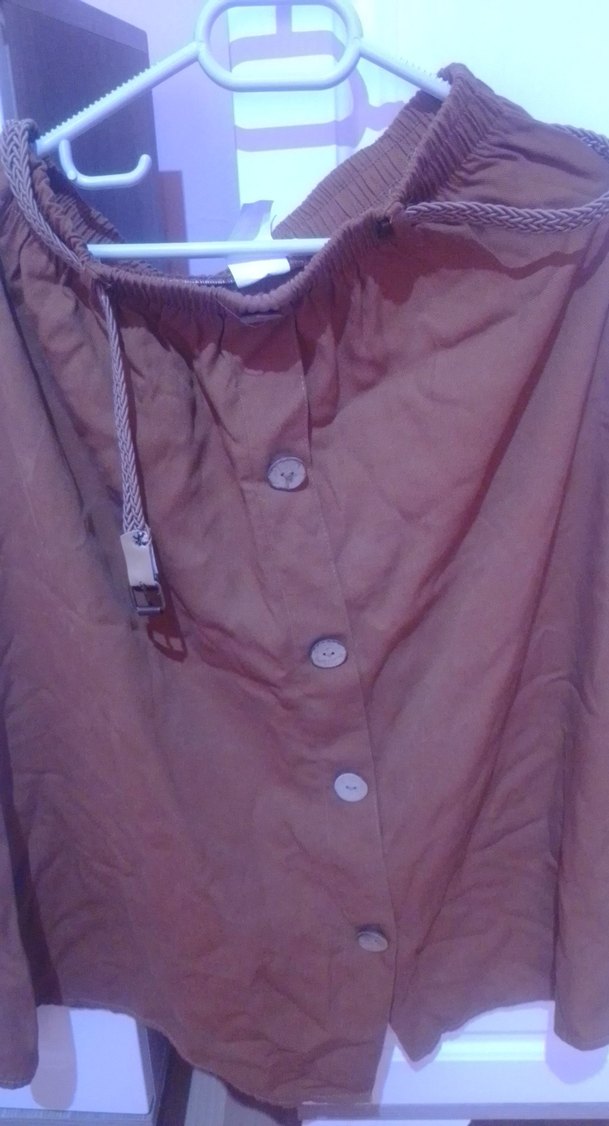 Düğmeli Kahverengi Keten etek - Görsel 2