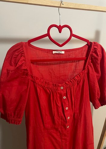 xs Beden Mudo Collection Kırmızı Düğmeli Keten Elbise