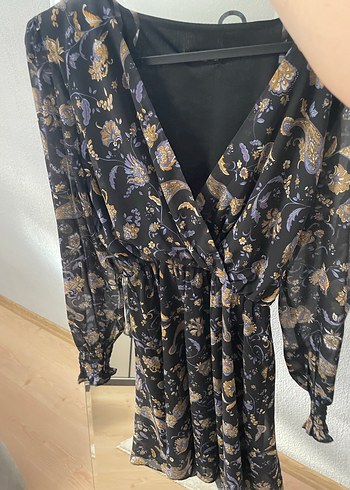 Bohem V Yaka Uzun Kollu Desenli Elbise - Görsel 2