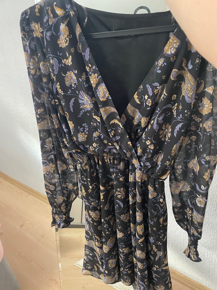 Bohem V Yaka Uzun Kollu Desenli Elbise - Görsel 2