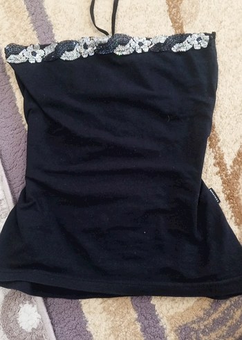 Zara İşlemeli Straplez Siyah Gotik crop atlet boyundan geçirmeli