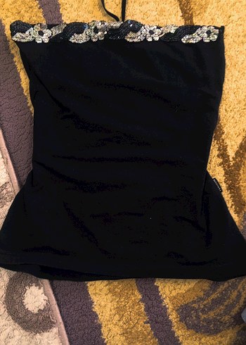 İşlemeli Straplez Siyah Gotik crop atlet boyundan geçirmeli
