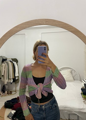 Kadın Çok Renkli Bağlamalı Triko Hırka