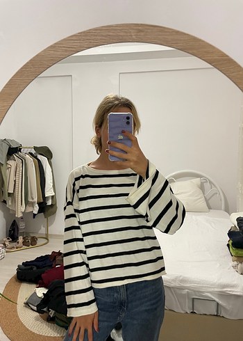 Trendyol & Milla Çizgili Beyaz Kadın Triko Sweatshirt