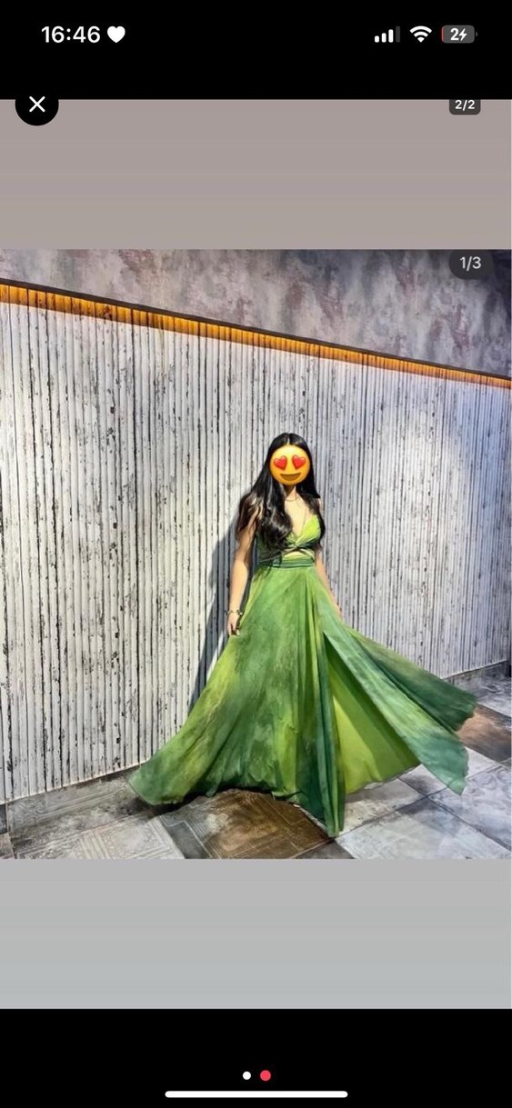 Parlak Haki Drapeli Uzun Kadın Abiye Elbise - Görsel 2