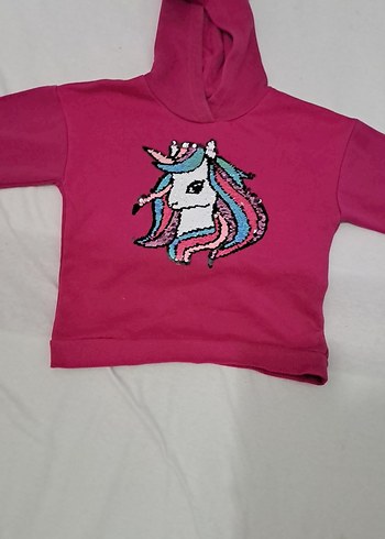 Pullu Unicorn Baskılı Kapüşonlu Kız Sweatshirt