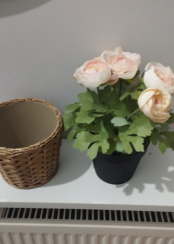 Bej Hasır Saksı ve Pastel Renkli Yapay Çiçek - Görsel 2