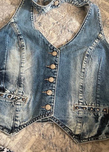 Düğmeli Mavi Kadın Denim Yelek LTB