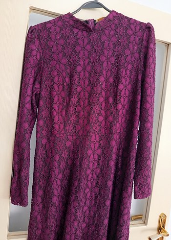 Uzun Kollu Mor Dantel Vintage Nişan Elbisesi
