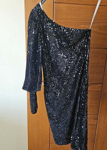 Tek Kollu Siyah Payetli Mini Elbise - Görsel 2