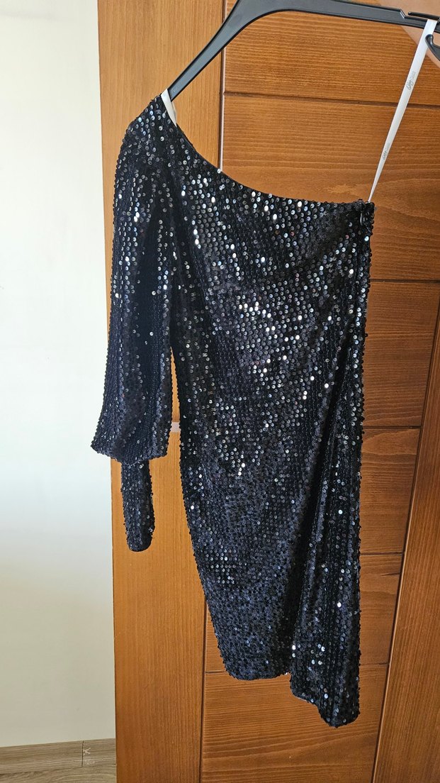 Tek Kollu Siyah Payetli Mini Elbise - Görsel 2