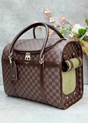 Kahverengi Kare Desenli Deri Dog Bag