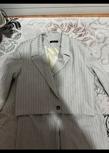 38 Beden Düğmeli Gri Kadın Uzun Ceket ve Pantolon Takımı