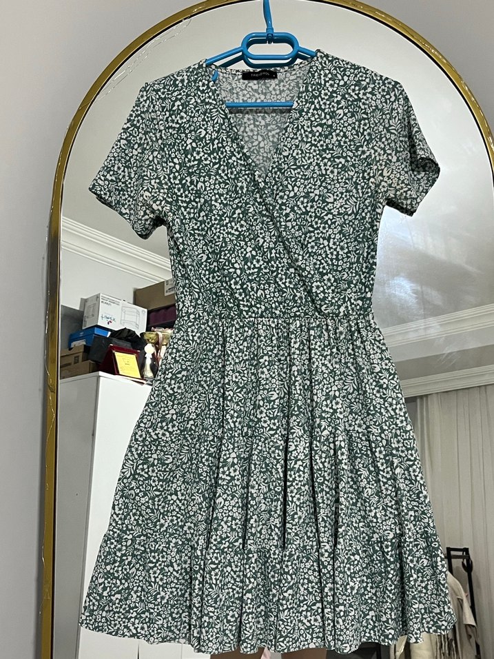 Gri Yeşil V Yakalı Midi Bohem Elbise - Görsel 2