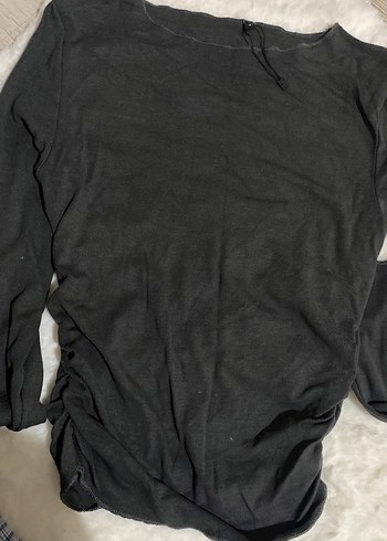 Siyah Kadın Keten Sweatshirt, Uzun Kollu, Salaş - Görsel 3