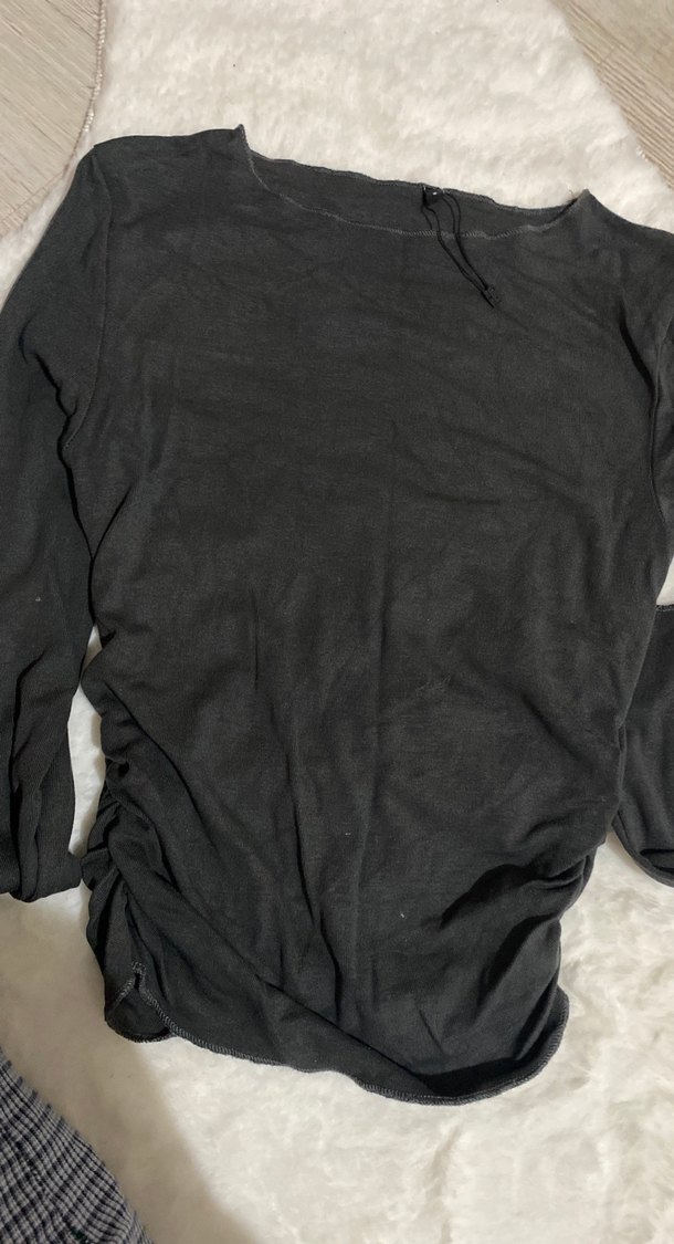 Siyah Kadın Keten Sweatshirt, Uzun Kollu, Salaş - Görsel 3