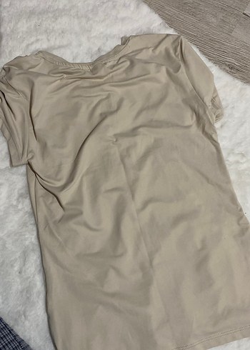 Bej Kısa Kollu Basic Kadın Keten Tişört - Görsel 2