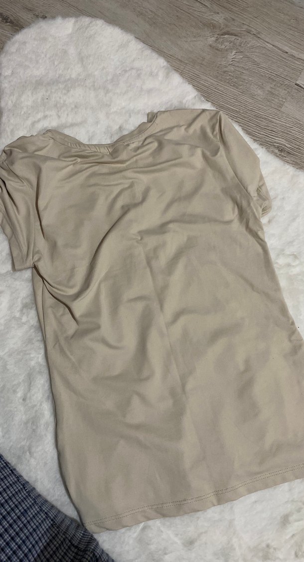 Bej Kısa Kollu Basic Kadın Keten Tişört - Görsel 2