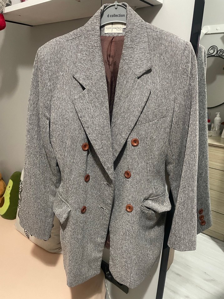 Düğmeli Gri Kadın Midi Blazer Ceket - Görsel 2