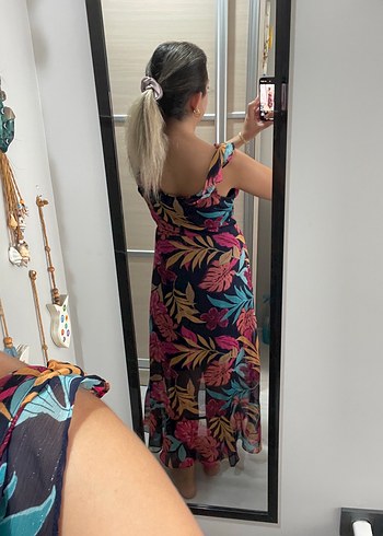 Çiçek Desenli V Yakalı Uzun Bohem Elbise - Görsel 4