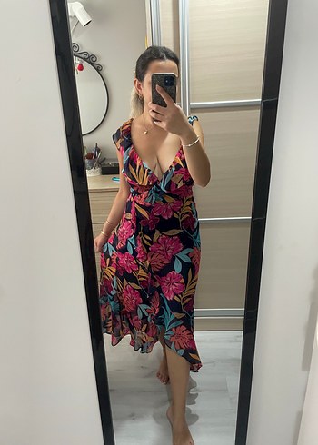 Çiçek Desenli V Yakalı Uzun Bohem Elbise - Görsel 3