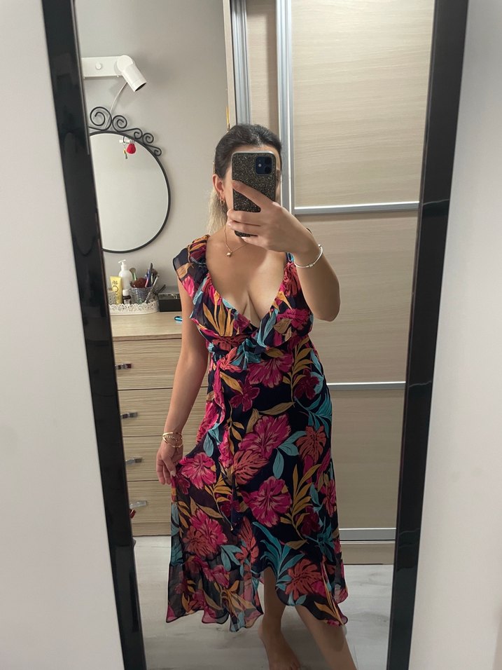 Çiçek Desenli V Yakalı Uzun Bohem Elbise - Görsel 5